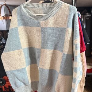 SHEIN Pastel Blue and Cream Checkered Sweater